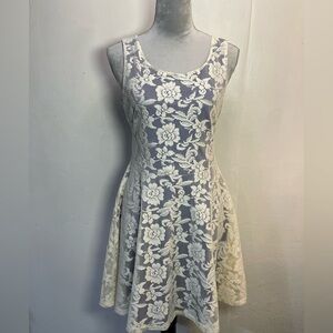 #0139 Love Culture Off White Lace Overlay Royal Blue Lining Cut-out Back Dress-L